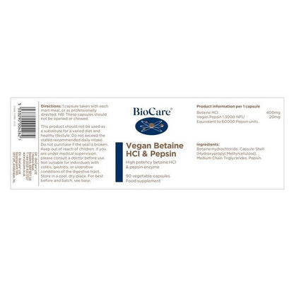 BioCare Vegan Betaine HCl &  Pepsin 90 Capsules