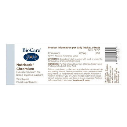 BioCare Nutrisorb Chromium supplement label on a white background