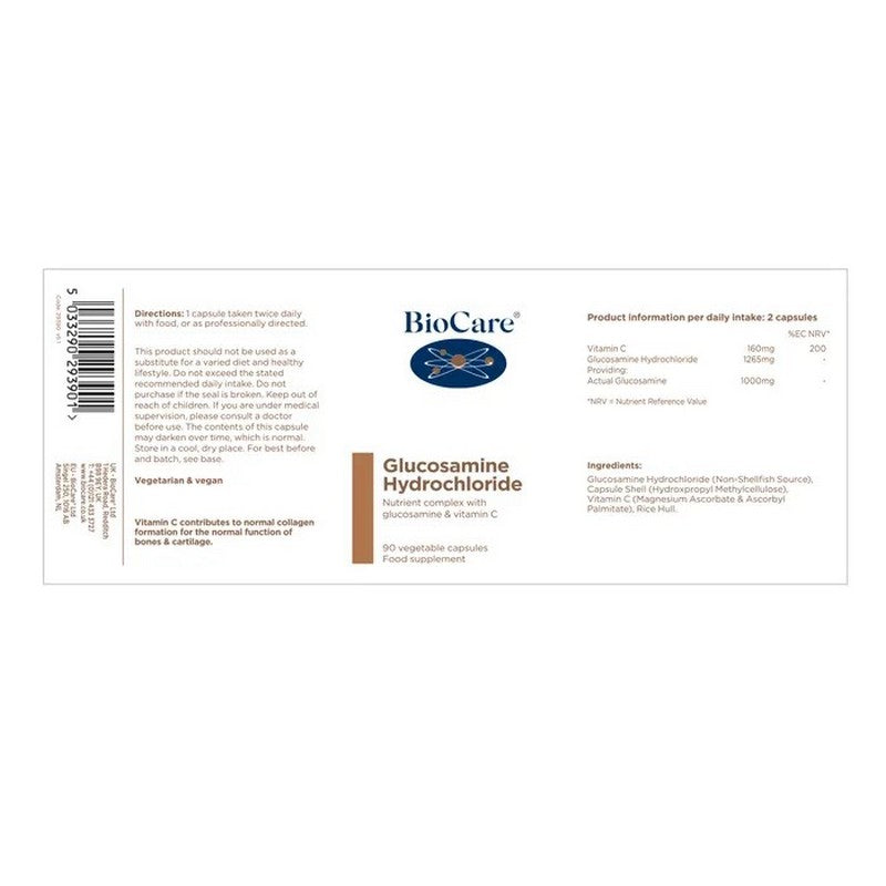 BioCare Glucosamine Hydrochloride supplement label on a white background