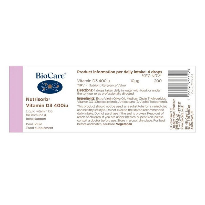 BioCare Nutrisorb® Vitamin D3 400iu 15ml Liquid Drops