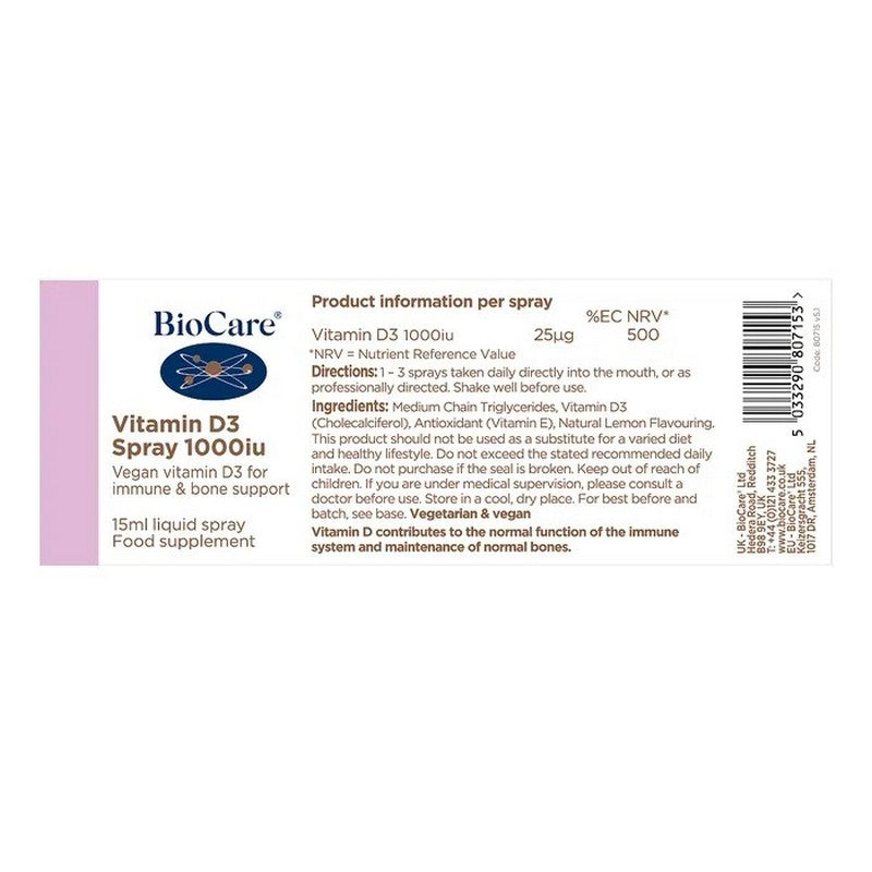 BioCare Vitamin D3 1000iu 15ml Oral Spray