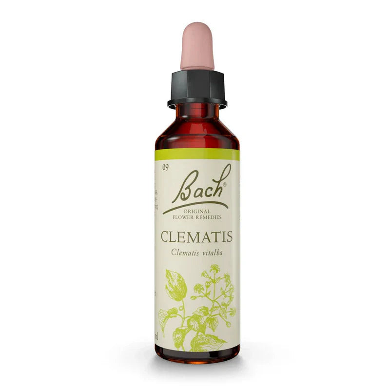 Bach flower remedy bottle labeled 'Clematis' on a white background