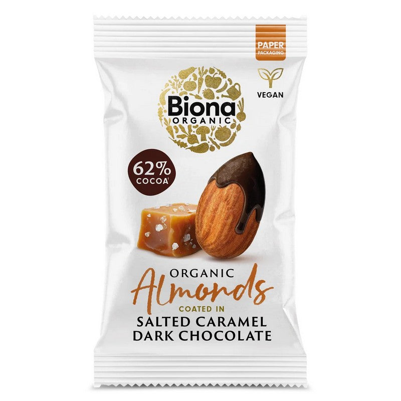 Biona Organic Dark Choc Salted Caramel Roasted Almonds 30g
