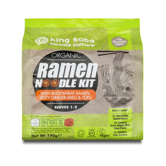 King Soba Organic Buckwheat Ramen Noodle Kit Zesty Ginger Miso & Tofu 190g
