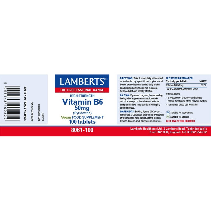 Lamberts Vitamin B6 50mg (Pyridoxine) 100 Tablets
