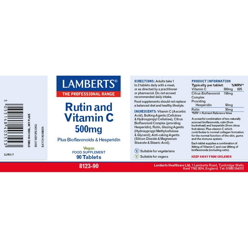 Lamberts Rutin & Vitamin C 500mg + Bioflavonoids 90 Tablets