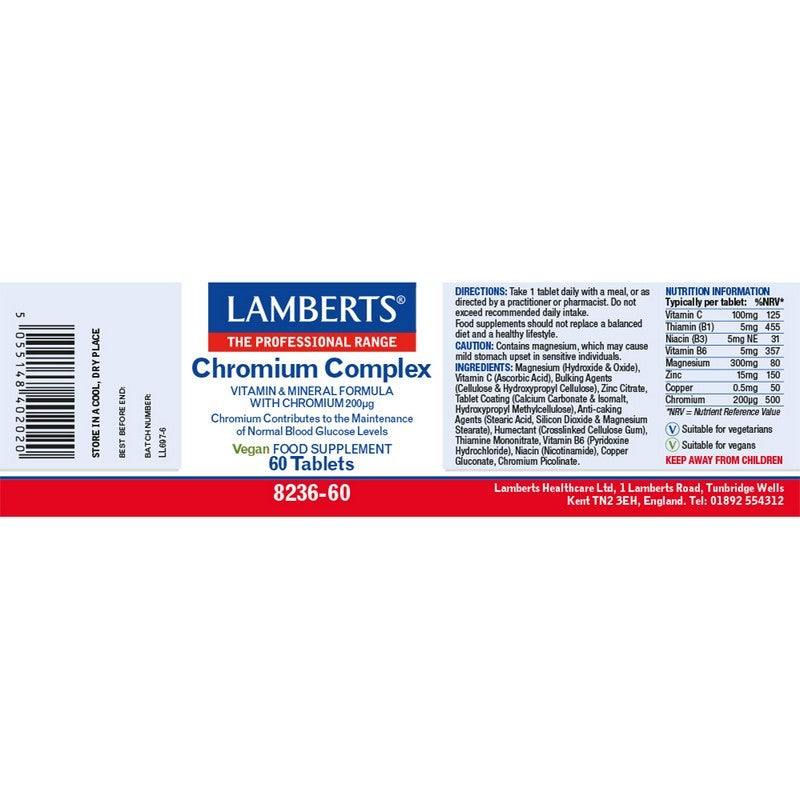 Lamberts Chromium Complex supplement label on a white background