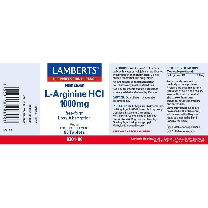 Lamberts L-Arginine HCL 1000mg supplement packaging on a white background