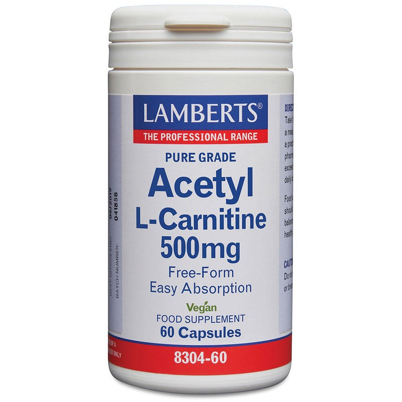 Lamberts Acetyl L-Carnitine 500mg 60 Capsules bottle on white background
