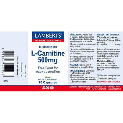 Lamberts L-Carnitine 500mg supplement label on a white background