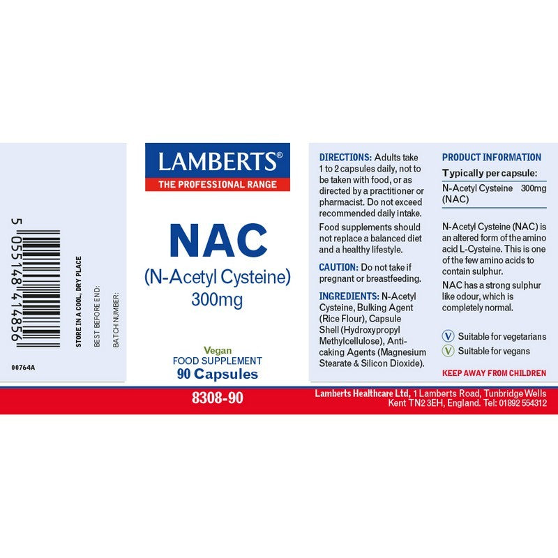 Lamberts NAC (N-Acetyl Cysteine) 300mg supplement label on a white background