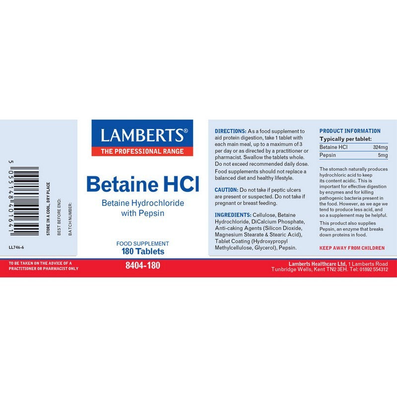 Lamberts Betaine HCl 324µg/Pepsin 5µg 180 Tablets