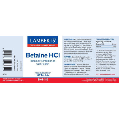 Lamberts Betaine HCl 324µg/Pepsin 5µg 180 Tablets