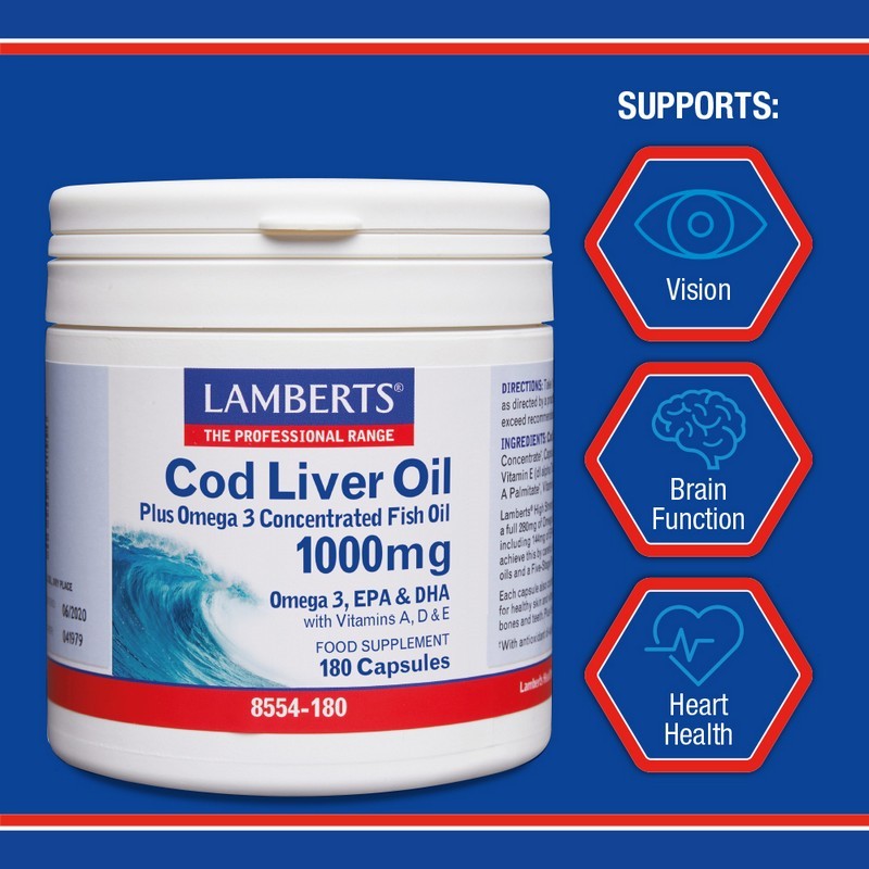 Lamberts Cod Liver Oil 1000mg (Epa 144mg/Dha 107mg) 180 Capsules