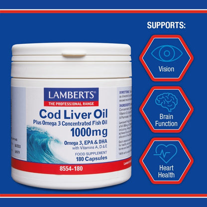 Lamberts Cod Liver Oil 1000mg (Epa 144mg/Dha 107mg) 180 Capsules