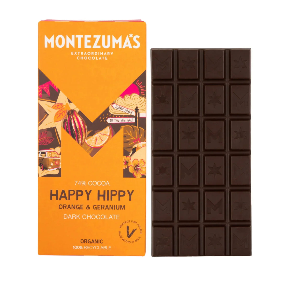 Montezumas Chocolate Happy Hippy 74% Dark Organic with Orange & Geranium 90g