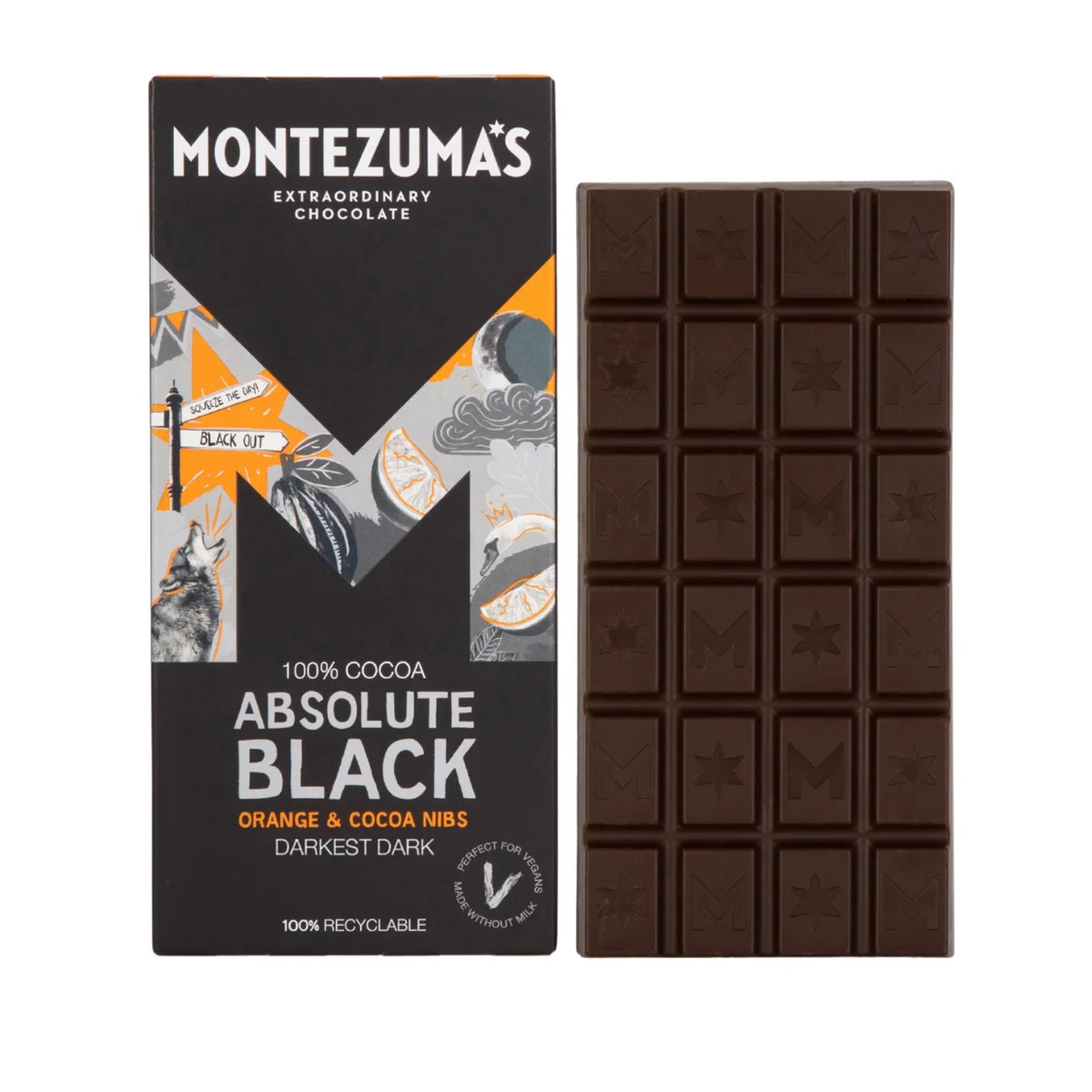 Montezumas Chocolate Absolute Black 100% Cocoa with Coco Nibs and Orange 90g