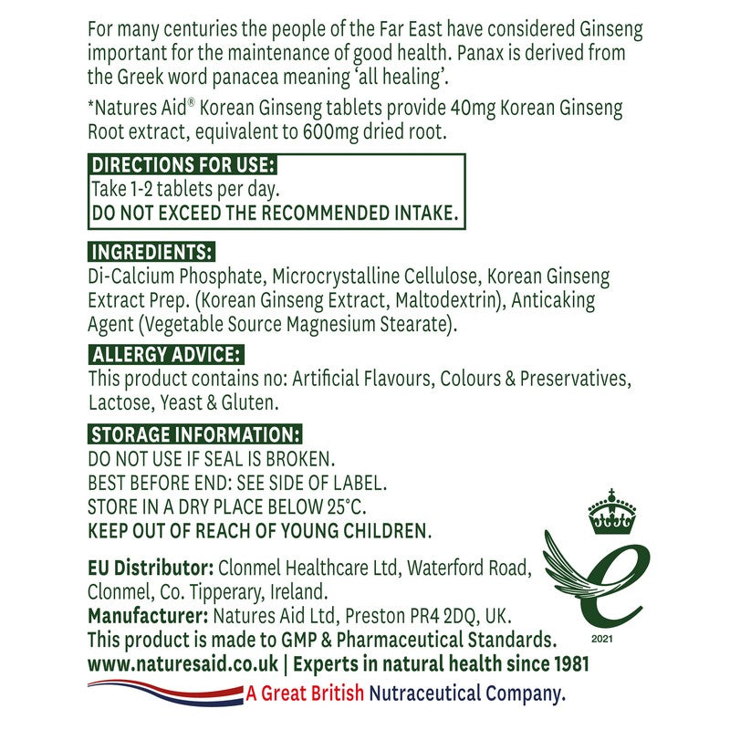 Natures Aid Korean Ginseng 40mg (600mg equiv) 90 Tablets
