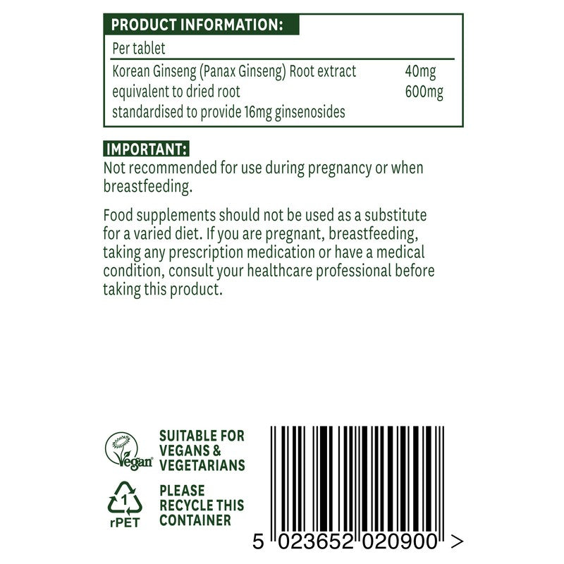 Natures Aid Korean Ginseng 40mg (600mg equiv) 90 Tablets