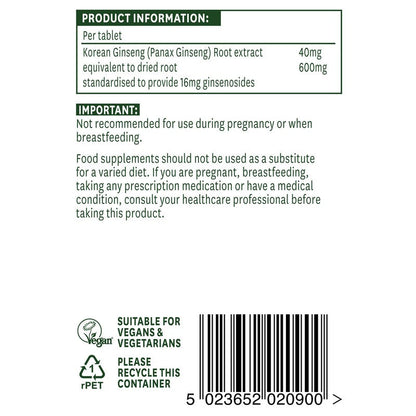Natures Aid Korean Ginseng 40mg (600mg equiv) 90 Tablets
