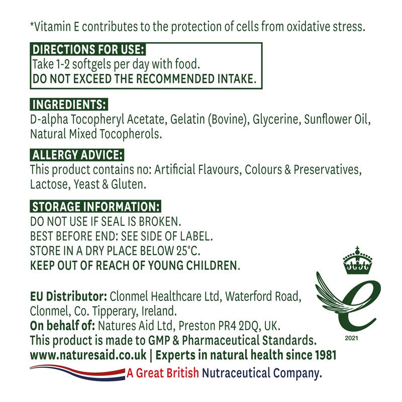 Natures Aid Vitamin E 200iu Natural Form 60 Softgels