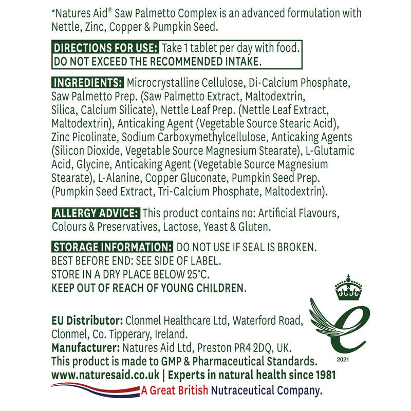 Natures Aid Saw Palmetto Complex with Nettle, Zinc & Amino Acids 60 Tablets