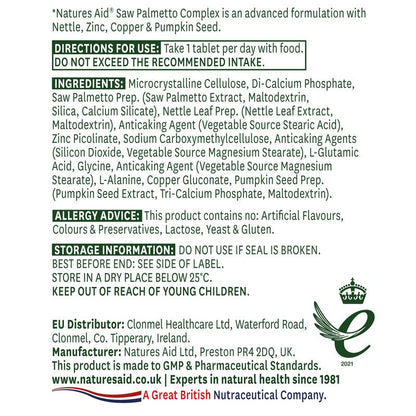 Natures Aid Saw Palmetto Complex with Nettle, Zinc & Amino Acids 60 Tablets