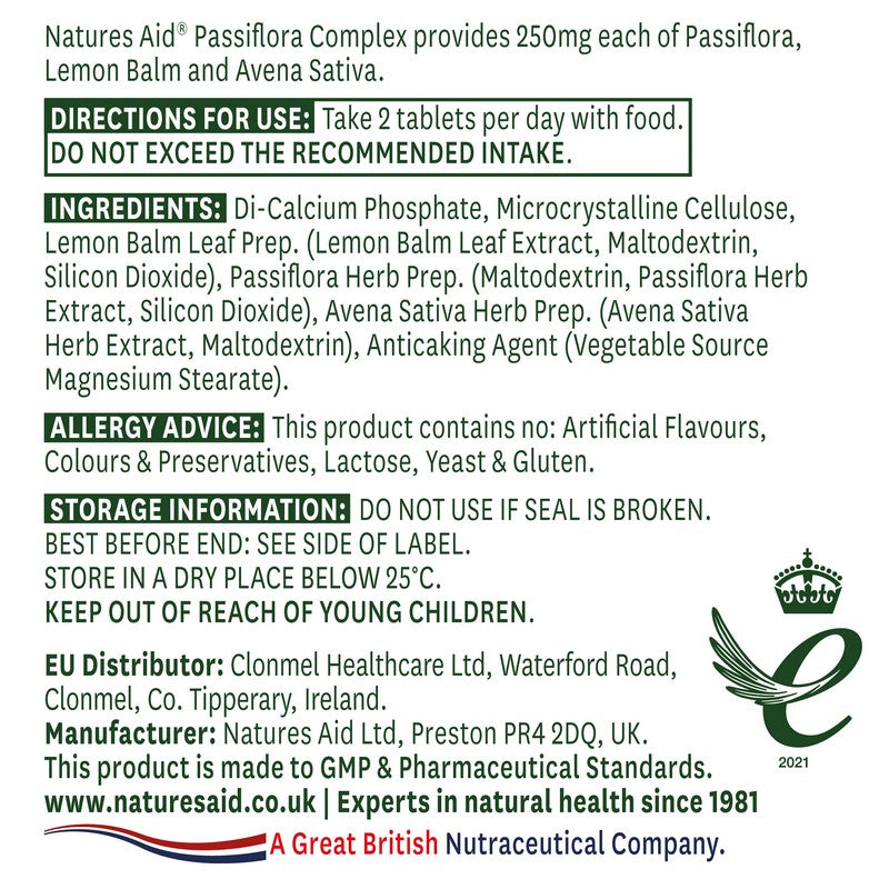 Natures Aid Passiflora, Lemon Balm & Avena Sativa 60 Tablets