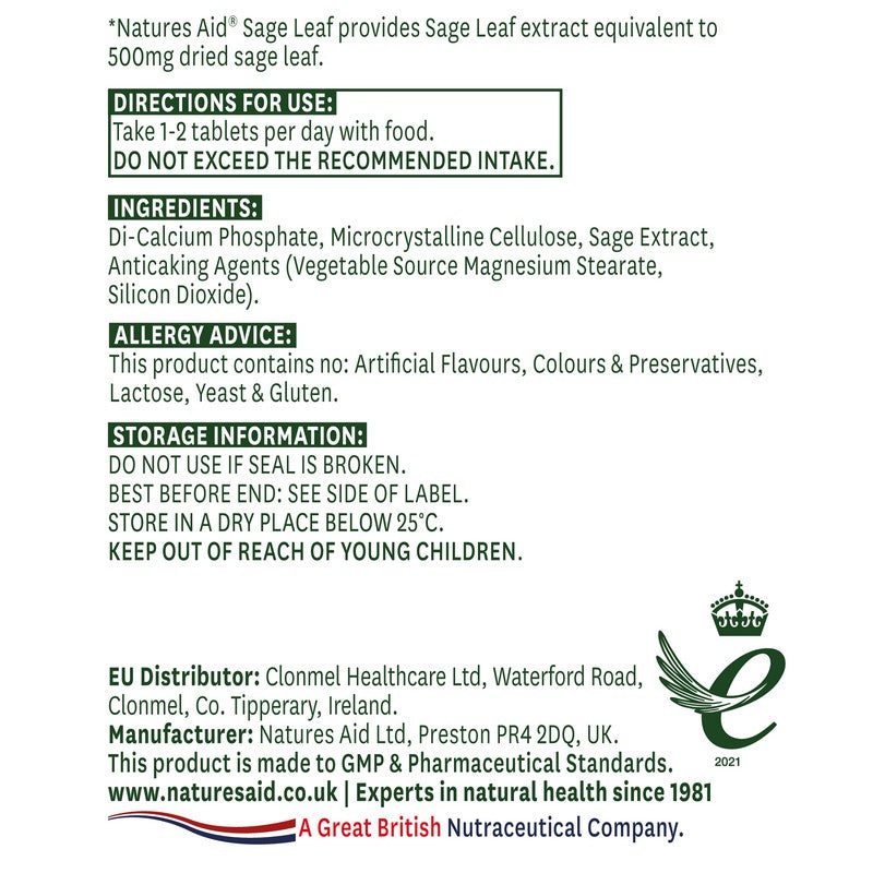 Natures Aid Sage Leaf 50mg (500mg equiv) 90 Tablets