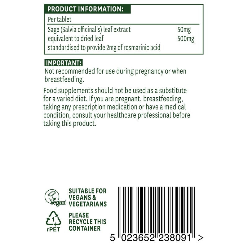 Natures Aid Sage Leaf 50mg (500mg equiv) 90 Tablets