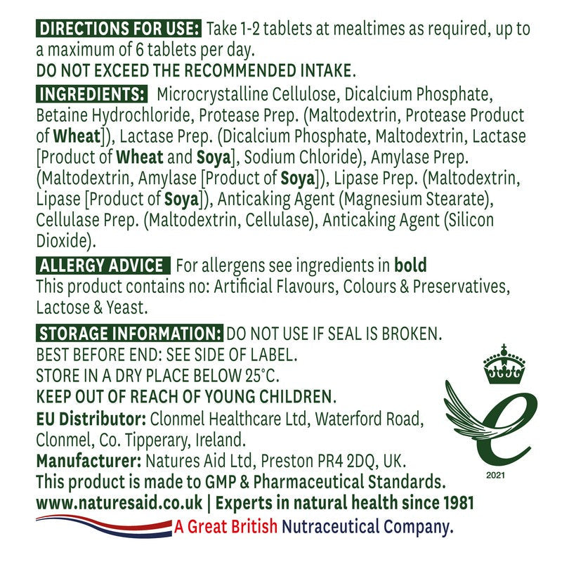 Natures Aid Digestive Enzyme Complex (with Betaine HCI) 60 Tablets