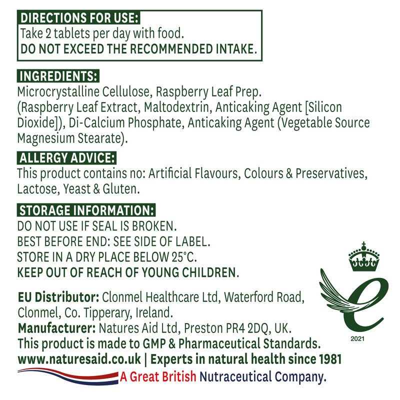 Natures Aid Raspberry Leaf 375mg (750mg equiv) 60 Tablets