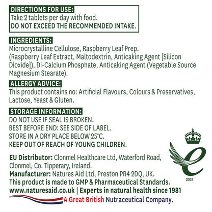 Natures Aid Raspberry Leaf 375mg (750mg equiv) 60 Tablets