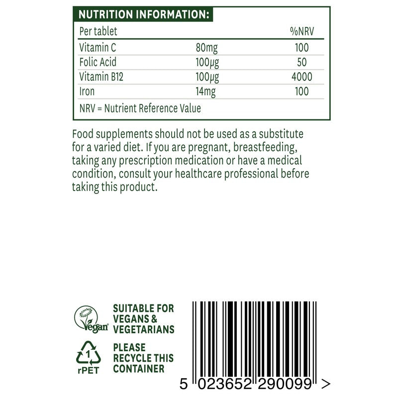 Natures Aid Iron Bisglycinate with Ester C, Vitamin B12, Folic Acid 90 Tablets