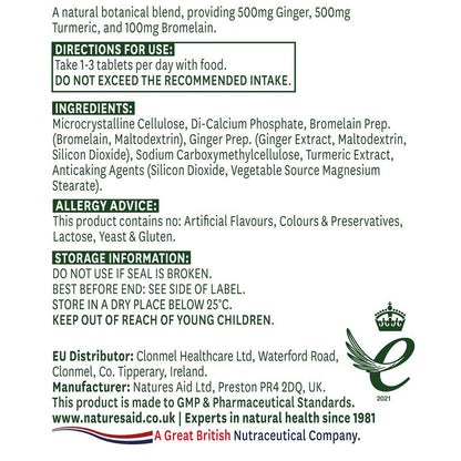 Natures Aid Ginger, Turmeric & Bromelain 60 Tablets