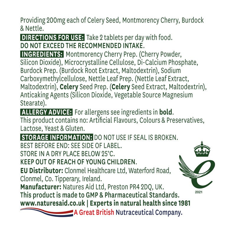 Natures Aid Celery Seed Complex with Montmorency Cherry, Burdock & Nettle 60 Tablets