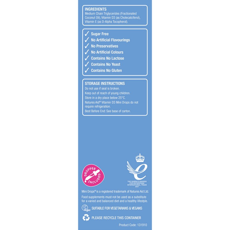 Natures Aid Vitamin D3 400iu (10ug) Mini Drops for infants & children (newborn - 5 years) 50ml