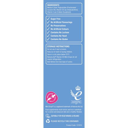 Natures Aid Vitamin D3 400iu (10ug) Mini Drops for infants & children (newborn - 5 years) 50ml