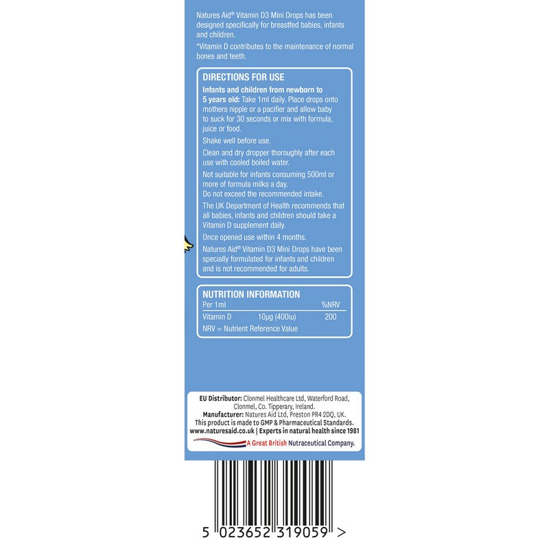 Natures Aid Vitamin D3 400iu (10ug) Mini Drops for infants & children (newborn - 5 years) 50ml