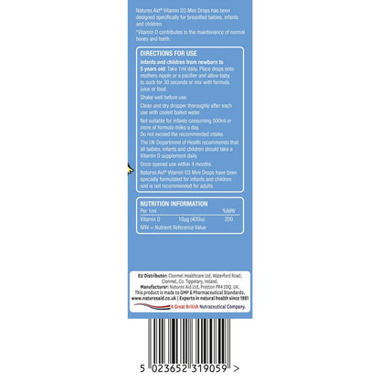 Natures Aid Vitamin D3 400iu (10ug) Mini Drops for infants & children (newborn - 5 years) 50ml