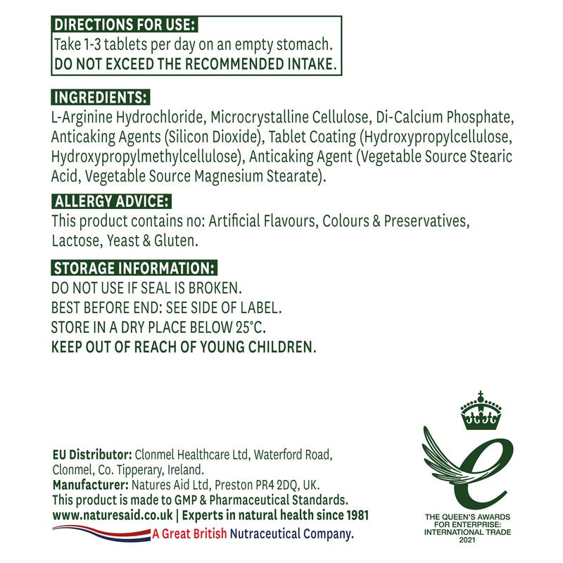 Natures Aid L-Arginine HCl 750mg 90 Tablets