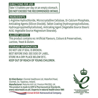 Natures Aid L-Arginine HCl 750mg 90 Tablets