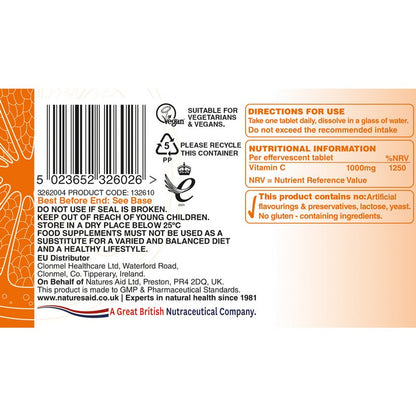 Natures Aid Vitamin C 1000mg Effervescent (Orange Flavour) 20 Tablets