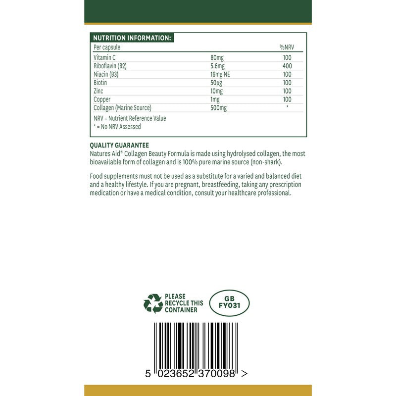 Natures Aid Collagen Beauty Formula with Vitamin C, Zinc & B-Vitamins 90 Capsules