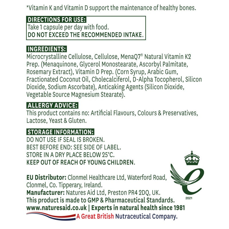 Natures Aid Vitamin K2 with Vitamin D3 30 Capsules