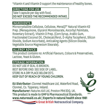 Natures Aid Vitamin K2 with Vitamin D3 30 Capsules