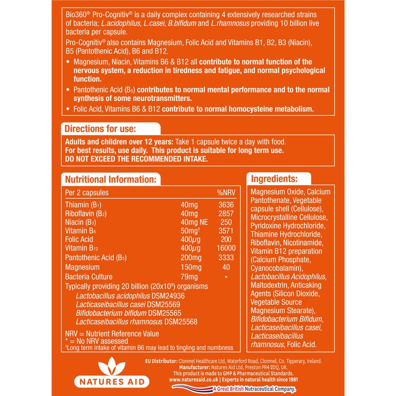 Natures Aid Pro-Cognitiv (10 Billion Bacteria) 60 Capsules