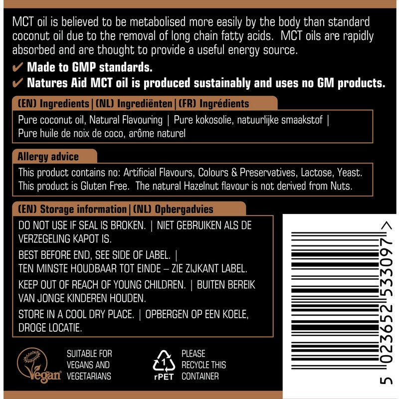 Natures Aid Pure 100% MCT Oil Liquid Hazelnut 500ml