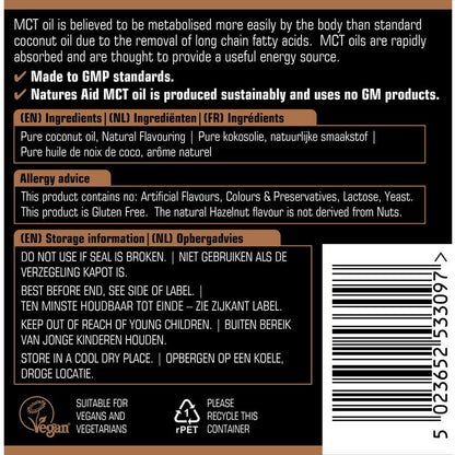 Natures Aid Pure 100% MCT Oil Liquid Hazelnut 500ml