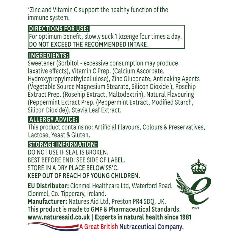 Natures Aid Zinc Lozenge (Peppermint) with Rosehip + Vitamin C 30 Lozenges